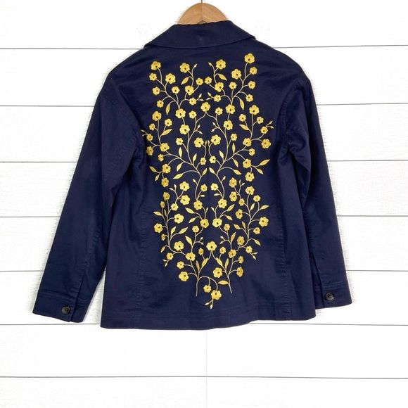 BODEN Embroidered Utility Jacket Navy Blue Yellow Floral 2 Petite Button Cotton - Picture 2 of 5